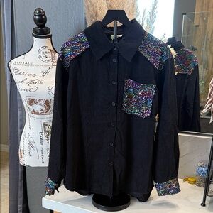 Umgee Black Ribbed Knit Top With sequin embellishments